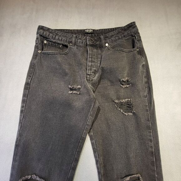 Boohoo Man Mens 32x30 Black Straight Leg Distressed Denim Button Fly - Picture 2 of 12